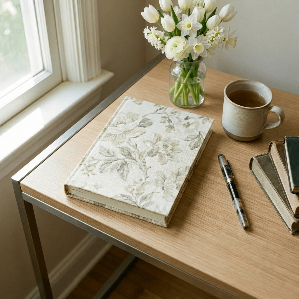 A floral notebook, tea mug, and fountain pen on a weathered wooden writing desk.